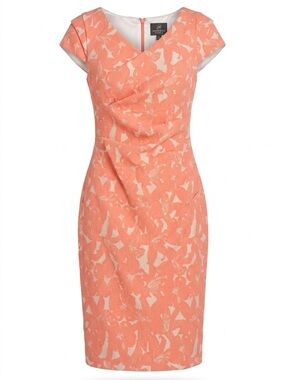 Adrianna Papell Coral and Cream Hibiscus Sheath Midi Dress